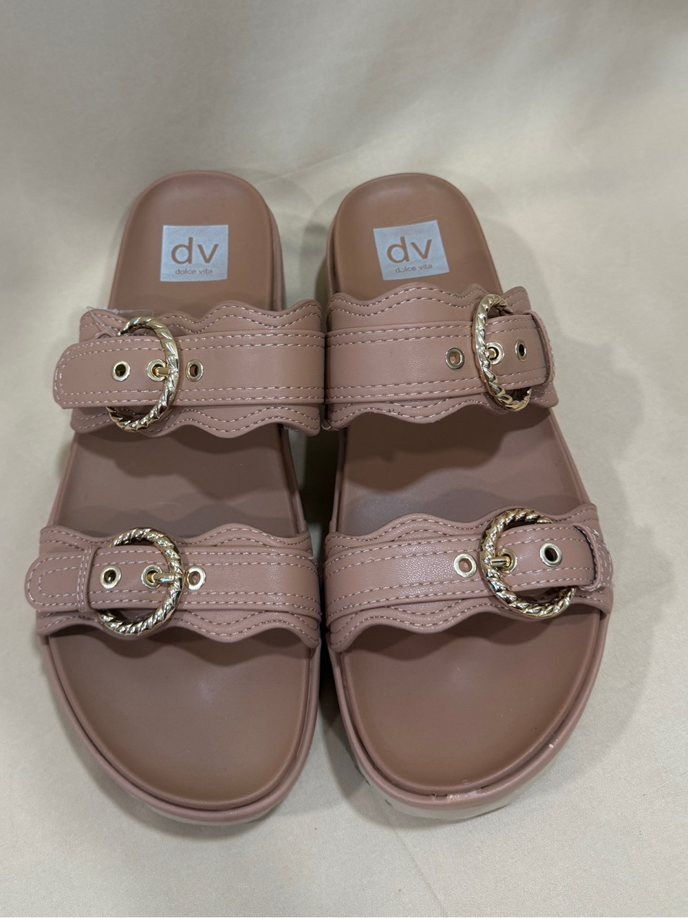 NEW DV by Dolce Vita Pink Taupe Slide Sandals with Gold Buckles